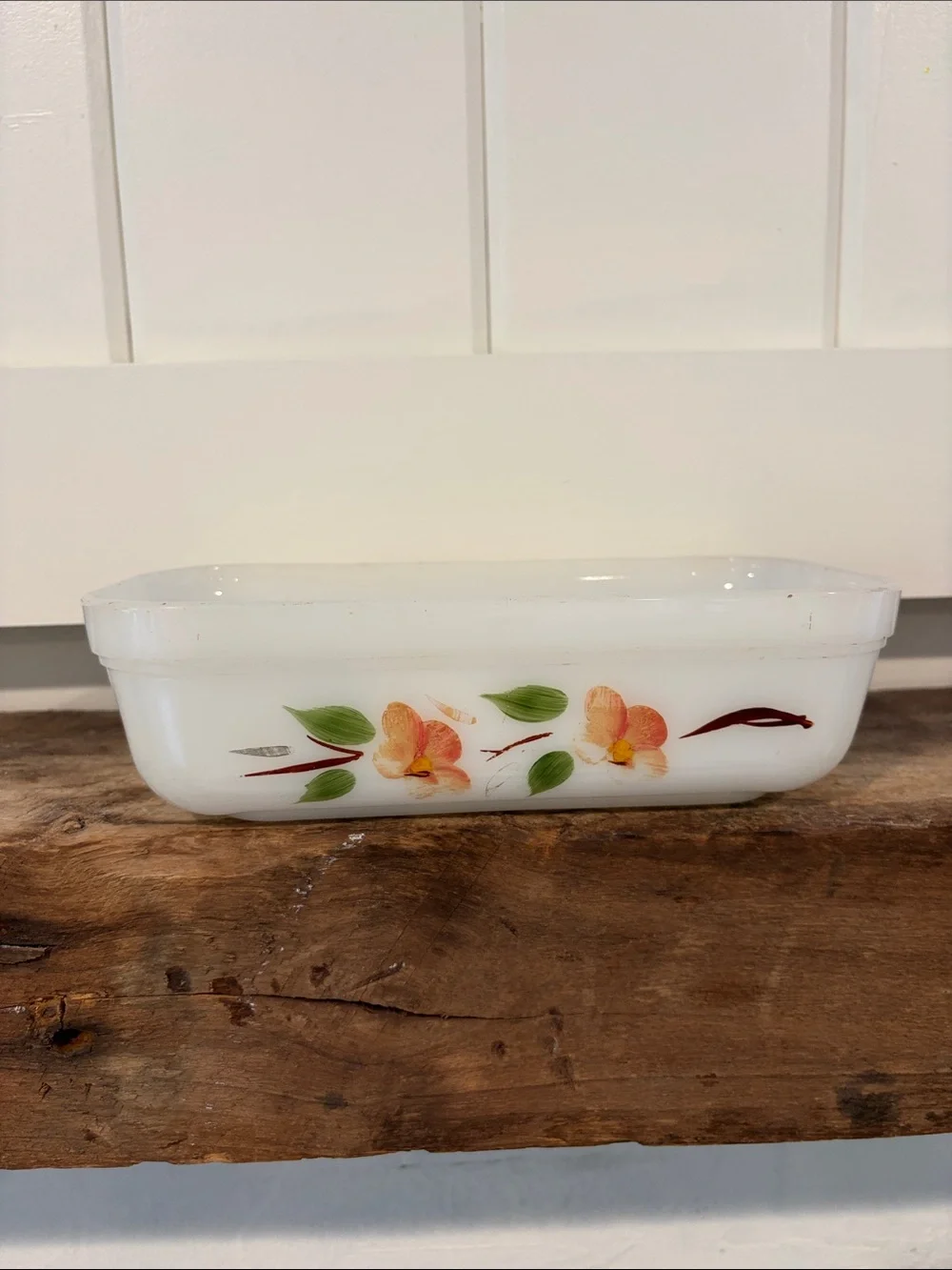 Fire King White Milk Glass Floral Loaf Pan with Orange and Green Flowers